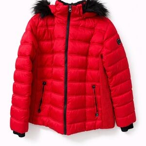 Nautica Red Puffer Jacket with Black Faux Fur Hood